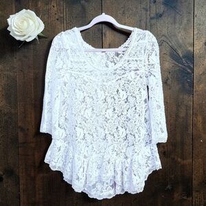 Free People Romantic Feminine White Lace 3/4 Sleeve Peplum Blouse Size XS